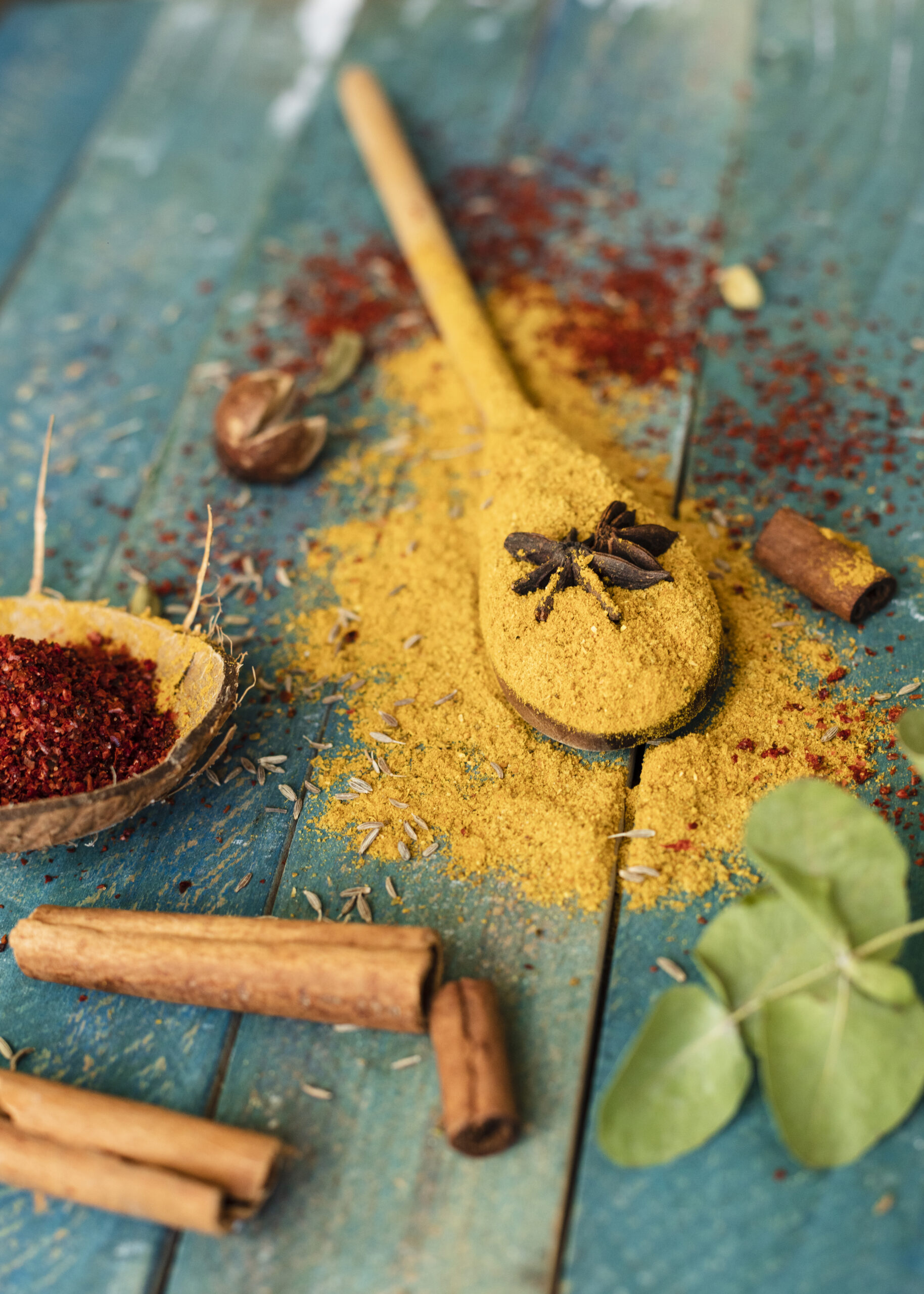 Herbs and spices assortment in rustic bowls